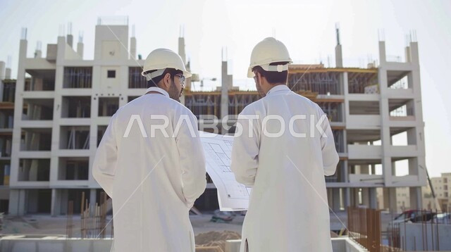 متابعة استراتيجية المشروع، مناقشة خطة تشييد موقع بناء، صورة من الخلف لمهندسان عربيان خليجيان سعوديان يرتديان ثوب تقليدي وخوذة الحماية يحملان ورقة مخطط العمل، مهن ووظائف هندسية سعودية