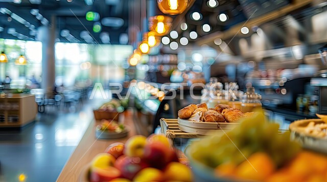 The open buffet table for morning breakfast, decorations and interior designs for cafes and restaurants, a restaurant and café hall with attractive decorations and colors, upscale interior furniture for a modern-style restaurant in the Kingdom of Saudi Arabia