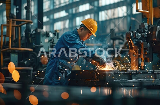 Wearing a helmet and uniform to protect against scattered iron welding sparks, metal and iron ore factories in the Kingdom of Saudi Arabia, a Saudi Gulf Arab blacksmith welding iron in the factory