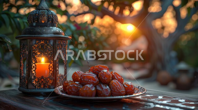 الديكورات والأنوار في الأجواء الرمضانية الروحانية، صورة مقربة لفانوس معدني مزخرف مضيئ بجانب وعاء مليء بالتمر على طاولة خشبية، فوانيس و تحف اسلامية تقليدية، ضيافة شهر رمضان المبارك، الفن الاسلامي للتحف والاكسسوارات