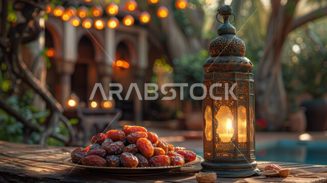 فوانيس و تحف اسلامية تقليدية، الأنوار والديكورات في الأجواء الرمضانية الروحانية، صورة مقربة لفانوس معدني مزخرف مضيئ بجانب وعاء مليء بالتمر على طاولة خشبية، ضيافة شهر رمضان المبارك، الفن الاسلامي للتحف والاكسسوارات