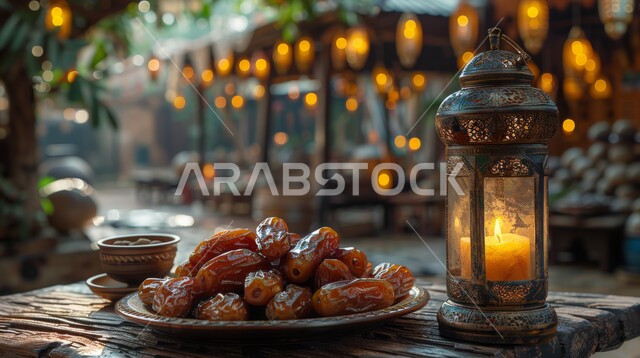الفن الاسلامي للتحف والاكسسوارات، الأنوار والديكورات في الأجواء الرمضانية الروحانية، صورة مقربة لفانوس معدني مزخرف مضيئ بجانب وعاء مليء بالتمر على طاولة خشبية، ضيافة شهر رمضان المبارك، فوانيس و تحف اسلامية تقليدية