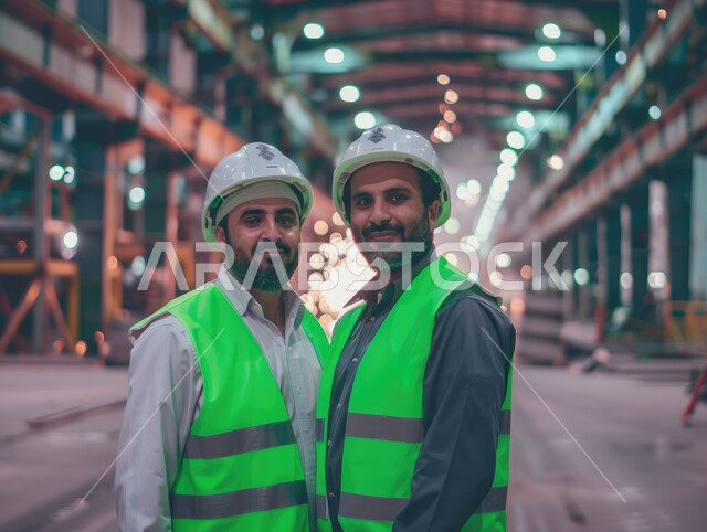 مهن ووظائف هندسية شبابية، العمل في مصانع ومعامل المملكة العربية السعودية، صورة مقربة لمهندسين عربيين خليجيين سعوديين يرتديان السترة وخوذة الحماية ينظران الى الأعمال داخل المصنع، متابعة ومراقبة عملية الانتاج ، خلفية المعمل