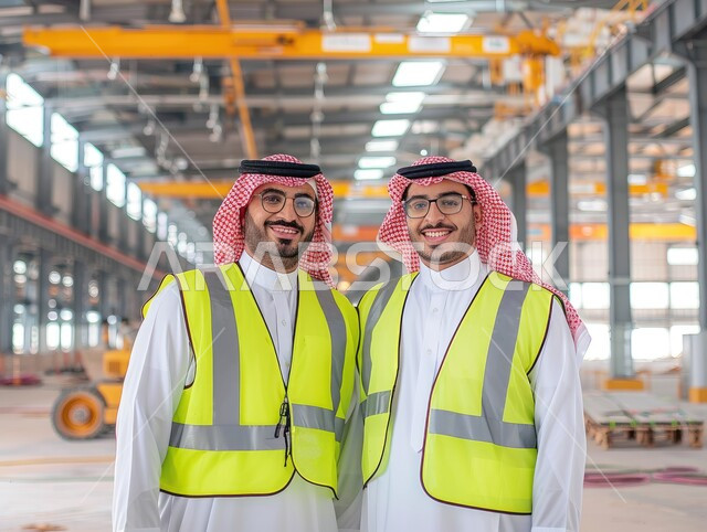 Engineering jobs and professions, working in factories and factories in the Kingdom of Saudi Arabia, a close-up photo of two Saudi Gulf Arab engineers wearing traditional uniforms and a protective jacket looking at the work inside the factory, following up and monitoring the production process, background of the factory