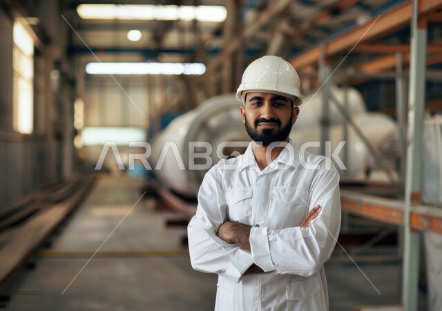 متابعة ومراقبة عمليات الانتاج وسير عمل الآلات، وظائف ومهن هندسية شبابية، العمل في مصانع ومعامل المملكة العربية السعودية، صورة مقربة لمهندس صناعي عربي خليجي سعودي مبتسم يرتدي السترة البيضاء وخوذة الحماية يقف بأيدي متقاطعة داخل المصنع، خلفية المعمل