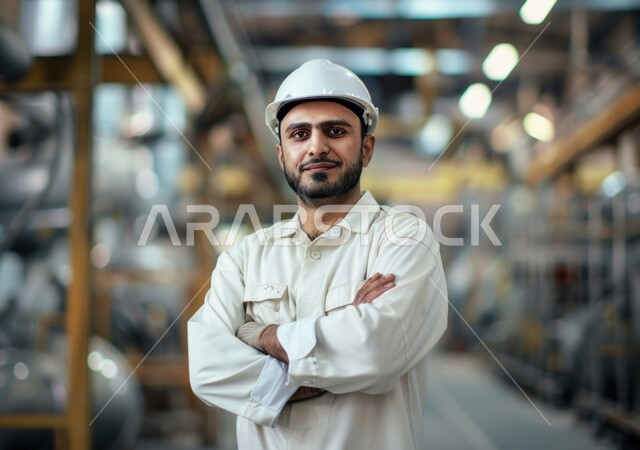Monitoring and following up on production processes and the workflow of machines, working in factories and laboratories in the Kingdom of Saudi Arabia, a close-up photo of a smiling Saudi Gulf Arab industrial engineer wearing a white jacket and a protective helmet standing with crossed hands inside the factory, youth engineering jobs and professions, factory background
