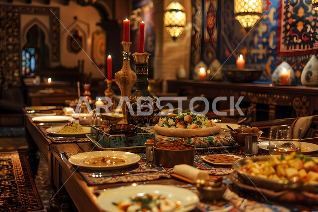 المطاعم والمطابخ في المملكة العربية السعودية، طاولة طعام مليئة بالوجبات المتنوعة، الأصناف و الأطباق والمقبلات العربية الشرقية اللذيذة، سفرة من المأكولات الشعبية التقليدية الشهية