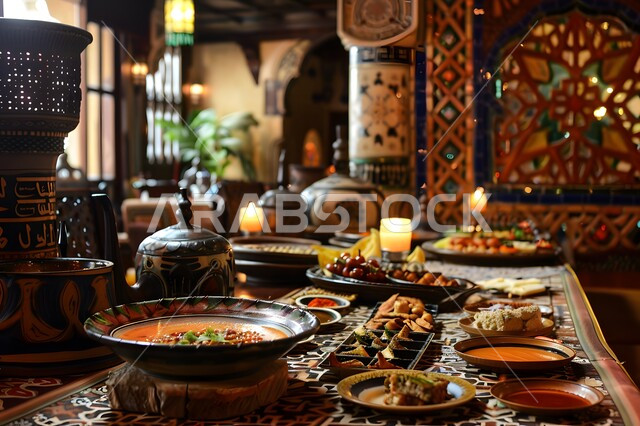 طاولة طعام مليئة بالوجبات المتنوعة، الأصناف و الأطباق والمقبلات العربية الشرقية اللذيذة، سفرة من المأكولات الشعبية التقليدية الشهية، المطاعم والمطابخ في المملكة العربية السعودية