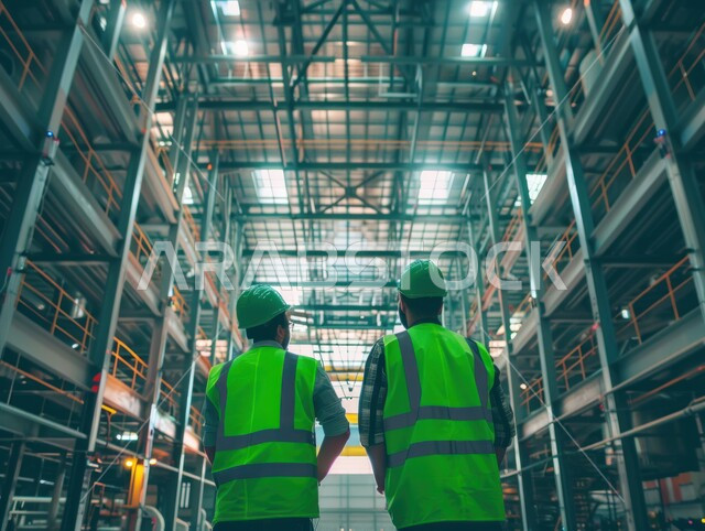 متابعة ومراقبة عمليات الانتاج وسير عمل الآلات، وظائف ومهن هندسية شبابية، العمل في مصانع ومعامل المملكة العربية السعودية، صورة من الخلف لمهندسين صناعيين عربيين خليجيين سعوديين يرتديان السترة وخوذة الحمايةداخل المصنع، خلفية المعمل
