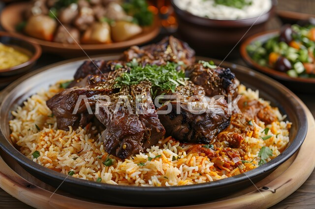  طبق من أرز الكبسة اللذيذ مع قطع لحم الضأن المزين بالخضار، وصفات وأطباق طعام لذيذة صحية، أكلات شعبية عربية خليجية سعودية، فنون تقديم الطعام في مطاعم المأكولات التقليدية الشرقية