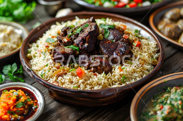 Eastern Arab cuisine restaurants in the Kingdom of Saudi Arabia, popular traditional Arabic meals and dishes, a dish of white rice and cooked lamb pieces, Saudi cuisine food recipes