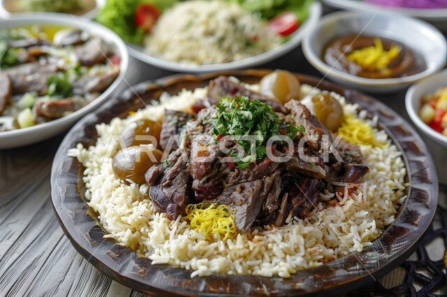 وجبات وأطباق عربية تقليدية شعبية، طبق من الأرز الابيض و قطع لحم الغنم المطهية، وصفات طعام المطبخ السعودي، مطاعم للمأكولات العربية الشرقية في المملكة العربية السعودية