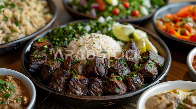  مطاعم للمأكولات العربية الشرقية في المملكة العربية السعودية، وجبات وأطباق عربية تقليدية شعبية، طبق من الأرز الابيض و قطع لحم الغنم المطهية، وصفات طعام المطبخ السعودي