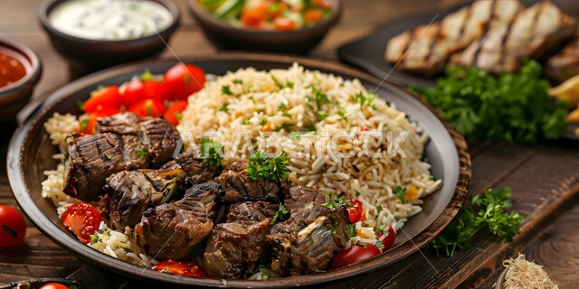 A dish of white rice and pieces of cooked lamb, Saudi cuisine recipes, restaurants for eastern Arab food in the Kingdom of Saudi Arabia, popular traditional Arabic meals and dishes