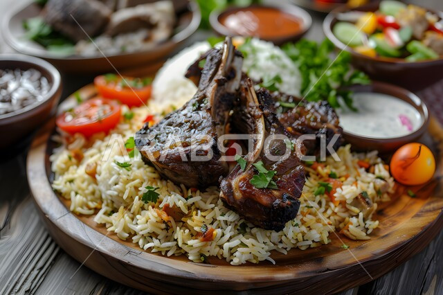 A dish of white rice and pieces of cooked lamb, Saudi cuisine recipes, restaurants for eastern Arab food in the Kingdom of Saudi Arabia, popular traditional Arabic meals and dishes