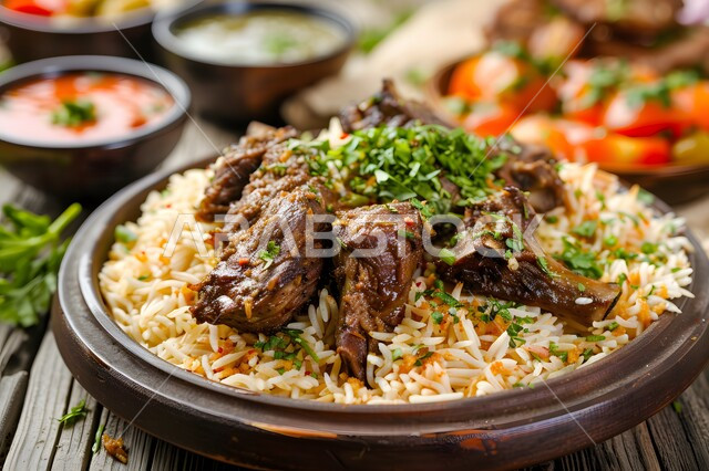  مطاعم للمأكولات العربية الشرقية في المملكة العربية السعودية، وجبات وأطباق عربية تقليدية شعبية، طبق من الأرز الابيض و قطع لحم الغنم المطهية، وصفات طعام المطبخ السعودي