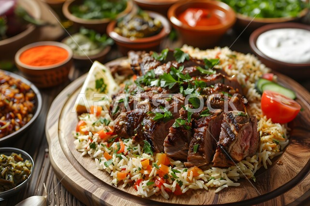 وجبات وأطباق عربية تقليدية شعبية، طبق من الأرز الابيض و قطع لحم الغنم المطهية، وصفات طعام المطبخ السعودي، مطاعم للمأكولات العربية الشرقية في المملكة العربية السعودية