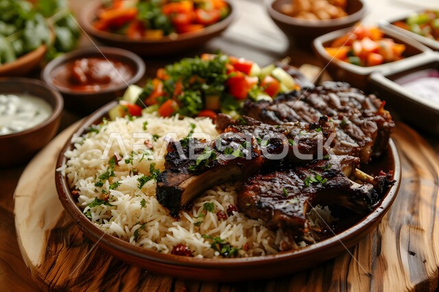A dish of white rice and pieces of cooked lamb, Saudi cuisine recipes, restaurants for eastern Arab food in the Kingdom of Saudi Arabia, popular traditional Arabic meals and dishes