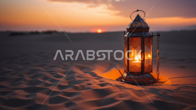 فانوس معدني مزخرف مضيء وسط الرمال الذهبية، زينة إضاءة الاعياد والمناسبات الدينية، الاستعداد لاسقبال شهر رمضان المبارك، منظر السماء عند غروب الشمس، الكثبان الرملية والبيئة الصحراوية في المناطق البرية للمملكة العربية السعودية