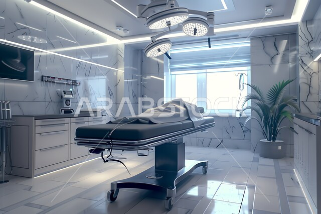 Three-dimensional design of a modern medical room for examining and diagnosing patients in the hospital, an electronic medical electric bed for the patient, a room equipped with modern medical tools and devices, the use of technology and technology in treatment and modern medicine, advanced clinics and health centers, a surgical operating room