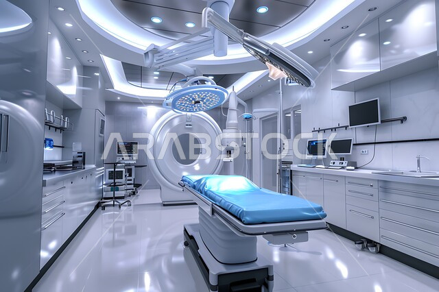 تصميم ثلاثي الابعاد لغرفه طبيه حديثه لفحص وتشخيص المرضى في المستشفى، سرير إلكتروني طبي كهربائي للمريض، حجره مجهزه بالأدوات والأجهزة الطبيه الحديثه، استخدام التقنيه والتكنولوجيا في العلاج والطب الحديث، عيادات ومراكز صحيه متطوره، غرفة العمليات الجراحيه