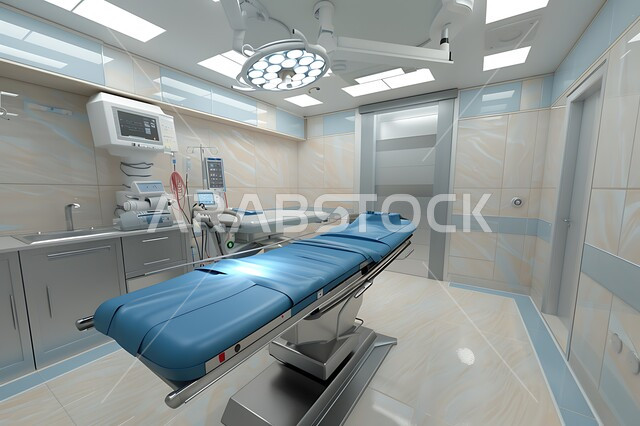 تصميم ثلاثي الابعاد لغرفه طبيه حديثه لفحص وتشخيص المرضى في المستشفى، سرير إلكتروني طبي كهربائي للمريض، حجره مجهزه بالأدوات والأجهزة الطبيه الحديثه، استخدام التقنيه والتكنولوجيا في العلاج والطب الحديث، عيادات ومراكز صحيه متطوره، غرفة العمليات الجراحيه