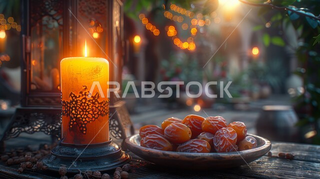 سنة الإفطار النبوية، ضيافة شهر رمضان المبارك، الاستعداد لقدوم شهر الخير والبركة، صورة مقربة لشمعة مزخرفة مضيئة بجانب وعاء مليء بالتمر على طاولة خشبية، الديكورات والأنوار في الأجواء الرمضانية الروحانية