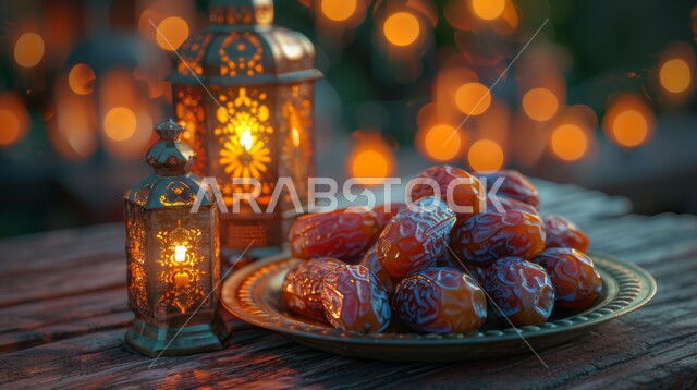 الأجواء الروحانية في شهر رمضان المبارك، صورة مقربة لفوانيس معدنية مزخرفة مضيئة بجانب وعاء مليء بالتمر على طاولة خشبية، سنة الإفطار النبوية، الاحتفال بالمناسبات الدينية، الفن الإسلامي في التحف والديكورات واكسسوارات الزينة