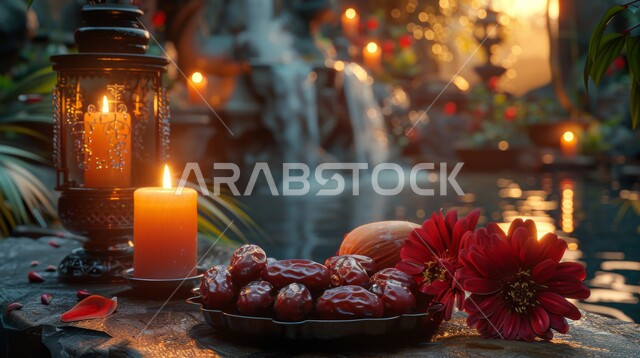 الاحتفال بالمناسبات الدينية، الأجواء الروحانية في شهر رمضان المبارك، صورة مقربة لفانوس معدني مزخرف مضيئ وشمعة بجانب وعاء مليء بالتمر على طاولة خشبية، سنة الإفطار النبوية، الفن الإسلامي في التحف والديكورات واكسسوارات الزينة