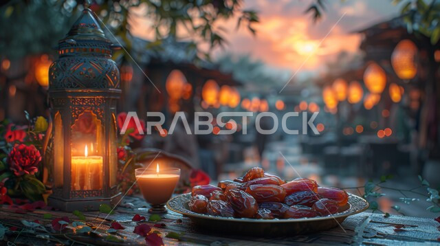 المناسبات والأعياد الدينية، الأجواء الروحانية في شهر رمضان المبارك، صورة مقربة لفانوس معدني مزخرف مضيئ وشمعة بجانب وعاء مليء بالتمر على طاولة خشبية، سنة الإفطار النبوية، الفن الإسلامي في التحف والديكورات واكسسوارات الزينة