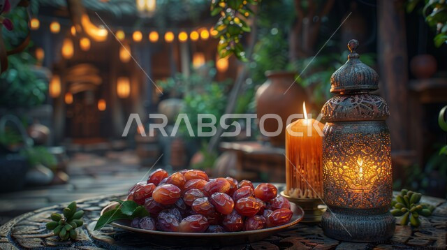 الفن الإسلامي في التحف والديكورات واكسسوارات الزينة، صورة مقربة لفانوس معدني مزخرف مضيئ وشمعة بجانب وعاء مليء بالتمر على طاولة خشبية، سنة الإفطار النبوية، المناسبات والأعياد الدينية، الأجواء الروحانية في شهر رمضان المبارك