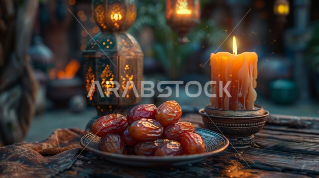 سنة الإفطار النبوية، الفن الإسلامي في التحف والديكورات واكسسوارات الزينة، صورة مقربة لفانوس معدني مزخرف مضيئ وشمعة بجانب وعاء مليء بالتمر على طاولة خشبية، المناسبات والأعياد الدينية، الأجواء الروحانية في شهر رمضان المبارك
