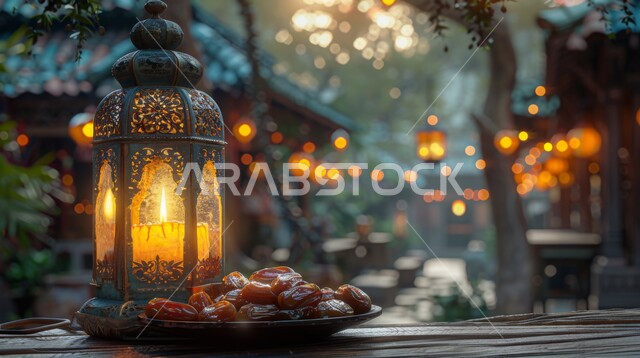 الديكورات والأنوار في الأجواء الرمضانية الروحانية، الاستعداد لقدوم شهر الخير والبركة، سنة الإفطار النبوية، صورة مقربة لفانوس معدني مزخرف مضيئ بجانب وعاء مليء بالتمر على طاولة خشبية، ضيافة شهر رمضان المبارك