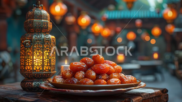 الاستعداد لقدوم شهر الخير والبركة، سنة الإفطار النبوية، صورة مقربة لفانوس معدني مزخرف مضيئ بجانب وعاء مليء بالتمر على طاولة خشبية، الديكورات والأنوار في الأجواء الرمضانية الروحانية، ضيافة شهر رمضان المبارك