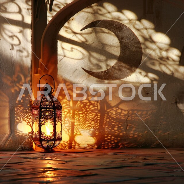 إضاءة وزينة شهر رمضان المبارك، صورة مقربة لفانوس معدني مزخرف مضيء على الأرض، الديكورات والأنوار في الأجواء الرمضانية الروحانية، فوانيس وتحف اسلامية تقليدية، انعكاس ضوء المصباح على الحائط