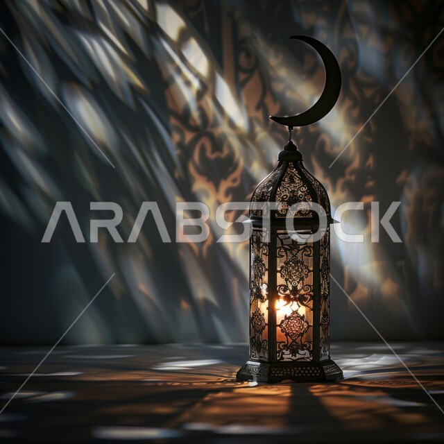 فوانيس وتحف اسلامية تقليدية، الديكورات والأنوار في الأجواء الرمضانية الروحانية، إضاءة وزينة شهر رمضان المبارك، صورة مقربة لفانوس معدني مزخرف مضيء على الأرض، انعكاس ضوء المصباح على الحائط