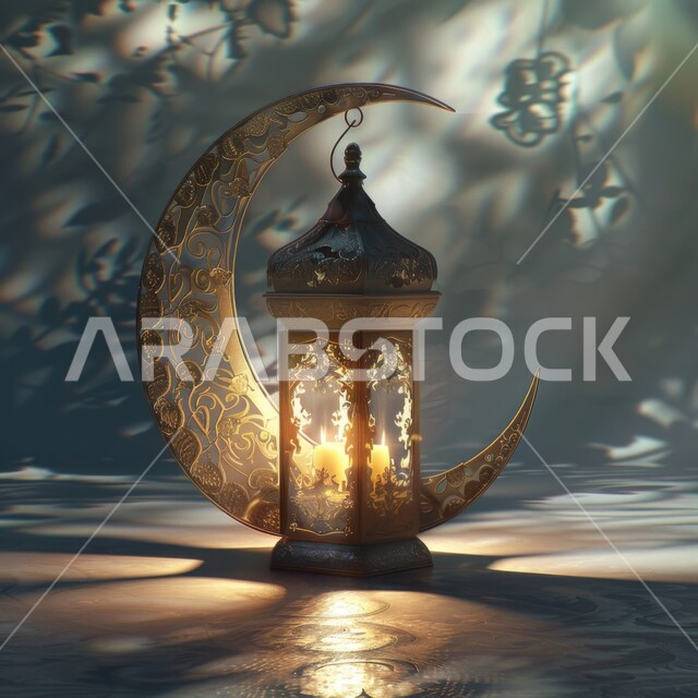 انعكاس ضوء المصباح على الحائط، الديكورات والأنوار في الأجواء الرمضانية الروحانية، إضاءة وزينة شهر رمضان المبارك، صورة مقربة لفانوس معدني مزخرف مضيء وهلال على الأرض، تحف وفوانيس اسلامية تقليدية