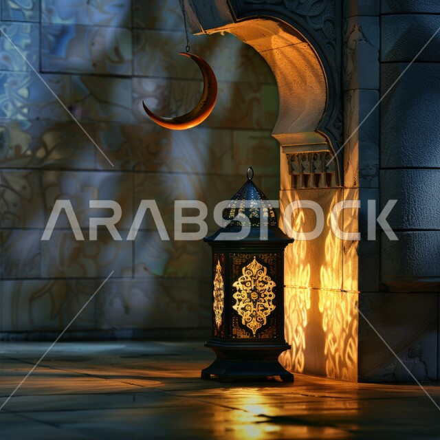 الإحتفال بقدوم شهر رمضان، المصابيح المضيئة والتحف الإسلامية التقليدية، صورة مقربة لهلال وفانوس معدني مزخرف مضيئ على الأرض، انعكاس ضوء المصباح على الحائط، أجواء روحانية في الأعياد والمناسبات الدينية