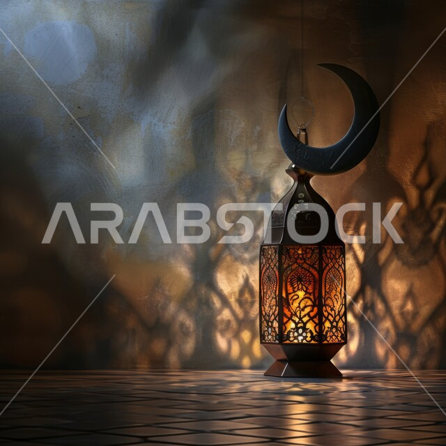 أجواء روحانية في الأعياد والمناسبات الدينية، المصابيح المضيئة والتحف الإسلامية التقليدية، صورة مقربة لهلال وفانوس معدني مزخرف مضيئ على الأرض، انعكاس ضوء المصباح على الحائط، الإحتفال بقدوم شهر رمضان