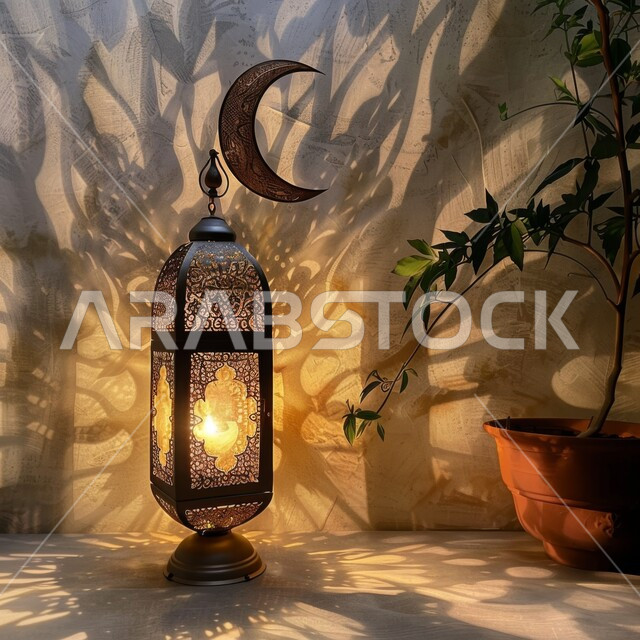 Islamic antiques, traditional lighted lamps, a close-up of a decorative metal lantern illuminated on the floor, the reflection of lamp light on the wooden floor, celebrating the coming of Ramadan, a spiritual atmosphere during religious holidays and occasions.