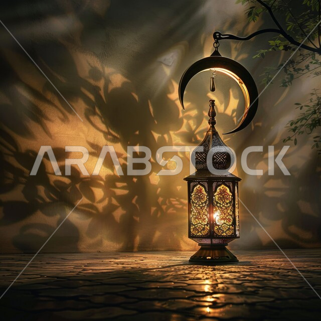 انعكاس ضوء المصباح على الحائط، إجواء روحانية في الأعياد والمناسبات الدينية، المصابيح المضيئة والتحف الإسلامية التقليدية، صورة مقربة لهلال وفانوس معدني مزخرف مضيئ على الأرض، الإحتفال بقدوم شهر رمضان