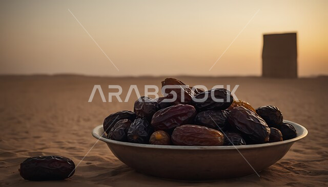 وجبة غذائية صحية ذات أهمية عاليه، صحن من التمر، ضيافة رمضانية شهية، أنواع المختلفة من التمور الصحية اللذيذة، حصاد النخيل في مزارع المملكة، منتجات محلية سعودية وطنية، خلفية الصحراء