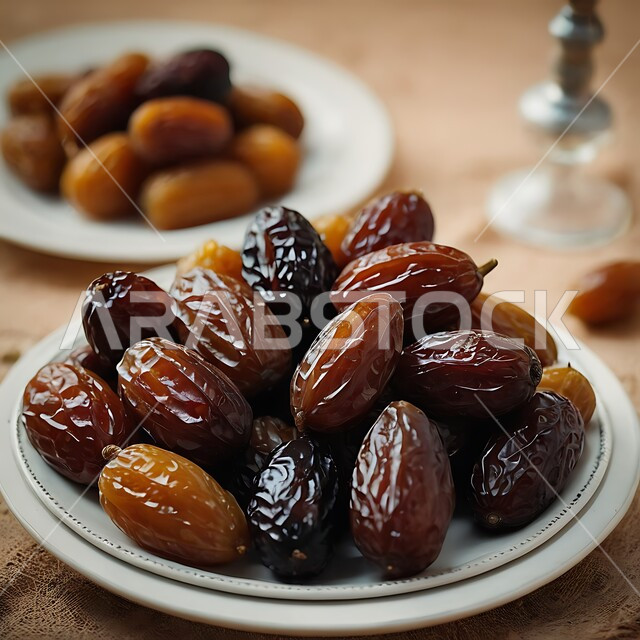 ضيافة رمضانية شهية، أنواع المختلفة من التمور الصحية اللذيذة، حصاد النخيل في مزارع المملكة، صورة مقربة لصحن من التمر، منتجات محلية سعودية وطنية، وجبة غذائية صحية ذات أهمية عاليه