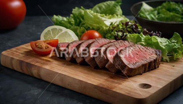 وجبة ذات قيمة غذائية عالية، اللحوم البقرية المشوية الشهية، مطاعم للمأكولات العربية الشرقية، أطعمة غنية بالبروتين، صورة مقربة لشرائح سميكة من لحم الخاصرة مع الخضارعلى لوح خشبي