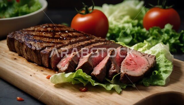 اللحوم البقرية المشوية الشهية، مطاعم للمأكولات العربية الشرقية، أطعمة غنية بالبروتين، صورة مقربة لشرائح سميكة من لحم الخاصرة مع الخضارعلى لوح خشبي، وجبة ذات قيمة غذائية عالية