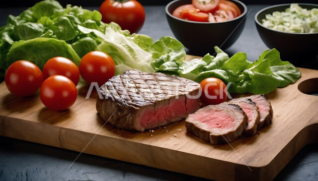 اللحوم البقرية المشوية الشهية، مطاعم للمأكولات العربية الشرقية، أطعمة غنية بالبروتين، صورة مقربة لشرائح سميكة من لحم الخاصرة مع الخضارعلى لوح خشبي، وجبة ذات قيمة غذائية عالية