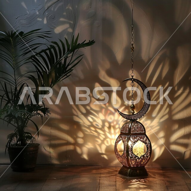 الفن العربي الاسلامي للتحف والاكسسوارات الرمضانية، صورة مقربة لهلال وفانوس معدني مضيء مزخرف على الأرض، استقبال شهر رمضان المبارك بالأجواء الروحانية، الزينة والأنوار والفوانيس في الأعياد والمناسبات الدينية