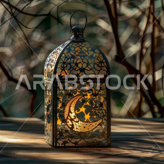 الأنوار والزينة والفوانيس في الأعياد والمناسبات الدينية، الفن العربي الاسلامي للتحف والاكسسوارات الرمضانية، صورة مقربة لفانوس معدني مضيء مزخرف، استقبال شهر رمضان المبارك بالأجواء الروحانية