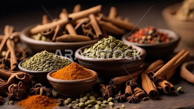 مجموعة من التوابل والبهارات الناعمة في أطباق صغيرة، محاصيل زراعية وطنية، منكهات وملونات طبيعية للمأكولات والأطعمة، جودة المنتجات المحلية السعودية