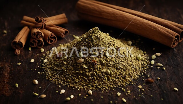 لقطات مقربة للتوابل، مثل الهيل والقرفة المستخدمة في الطبخ السعودي، تسلط الضوء على رائحتها وملمسها.